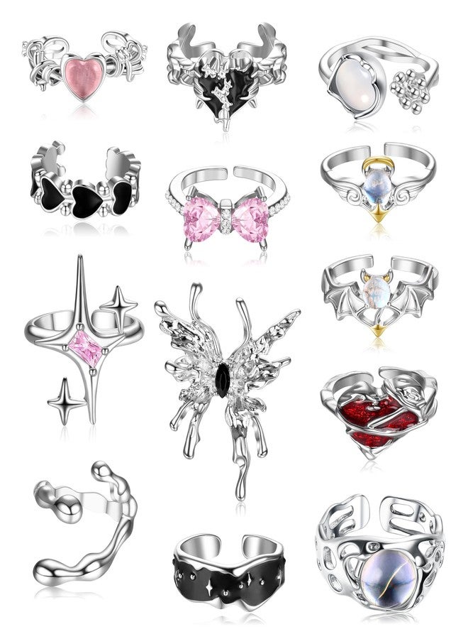 DRPERFECT 13 PCS Y2k Rings For Women Vintage Irregular Rings for Women Men Chunky Adjustable Rings Gothic Goth Open Moonstone Butterfly Star Pink Heart Cool Statement Ring Aesthetic Accessories Ring Set - Image 1